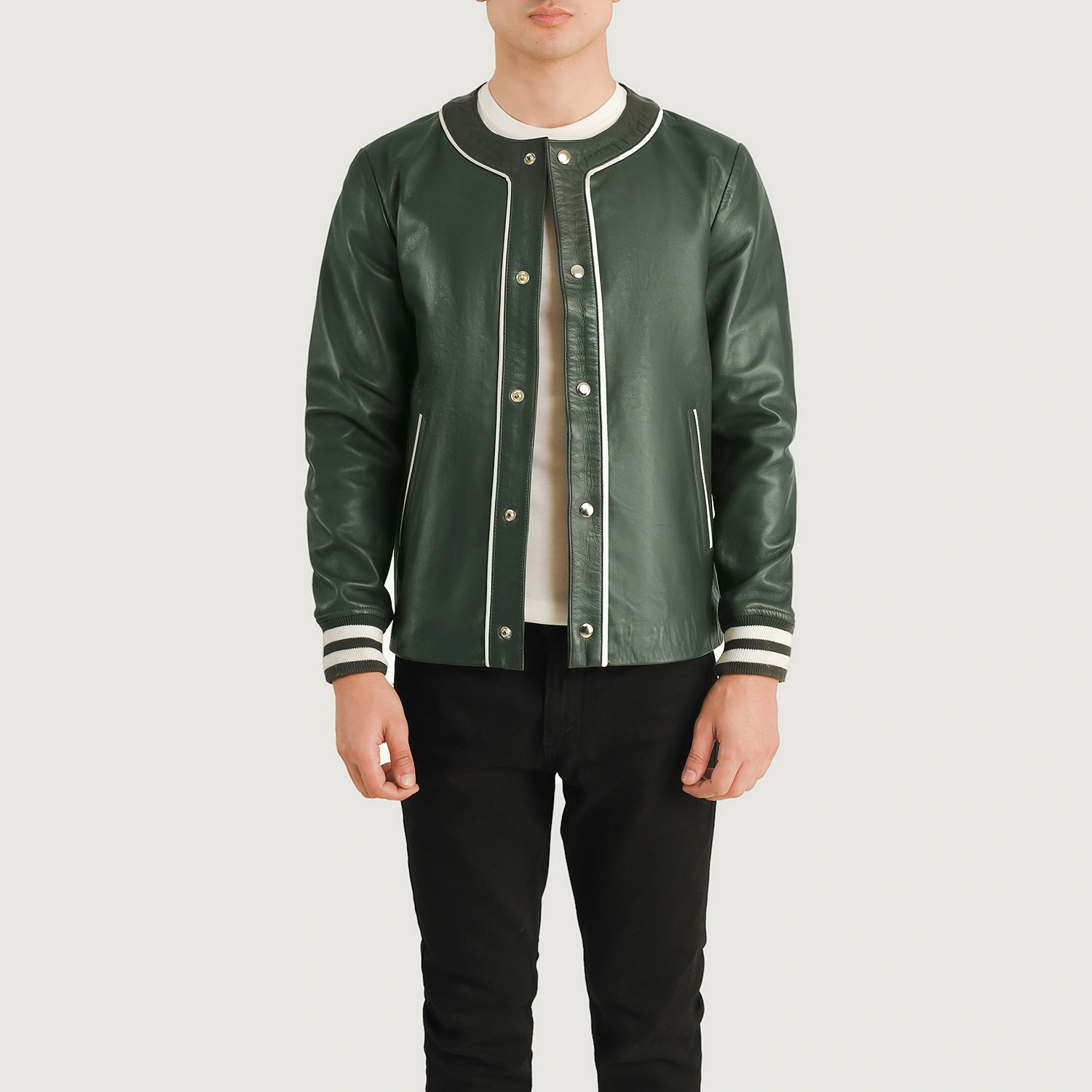 Mens Willis Green Leather Varsity Jacket Open Front-4-1704122125555